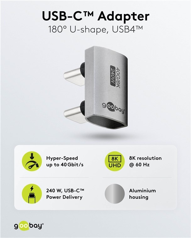 Goobay USB-C koppelstuk (m-m) | haaks (U-bocht) | USB4 40 Gbps | PD 240W | 8K 60Hz | aluminium - Afbeelding 2