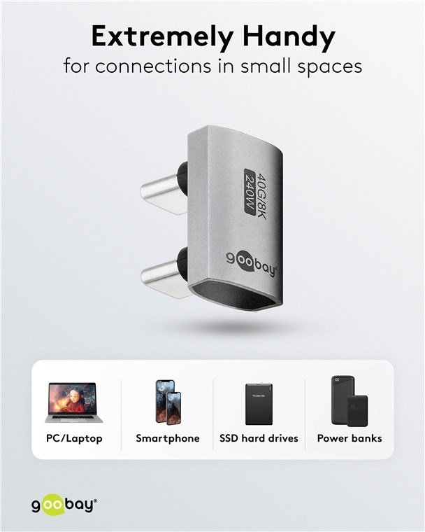 Goobay USB-C koppelstuk (m-m) | haaks (U-bocht) | USB4 40 Gbps | PD 240W | 8K 60Hz | aluminium - Afbeelding 5