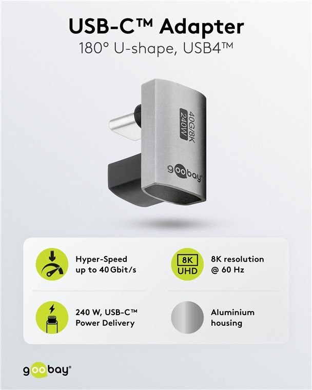 Goobay USB-C haakse adapter | haaks (U-bocht) | USB4 40 Gbps | PD 240W | 8K 60Hz | aluminium - Afbeelding 2