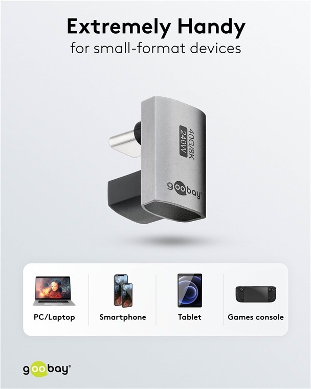 Goobay USB-C haakse adapter | haaks (U-bocht) | USB4 40 Gbps | PD 240W | 8K 60Hz | aluminium - Afbeelding 6