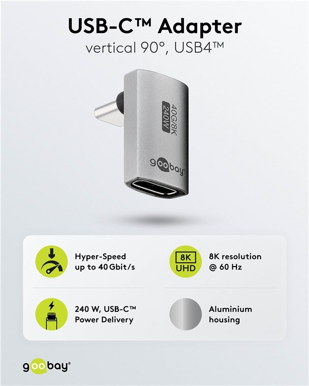 Goobay USB-C haakse adapter | boven/beneden (kort) | USB4 40 Gbps | PD 240W | 8K 60Hz | aluminium - Afbeelding 2