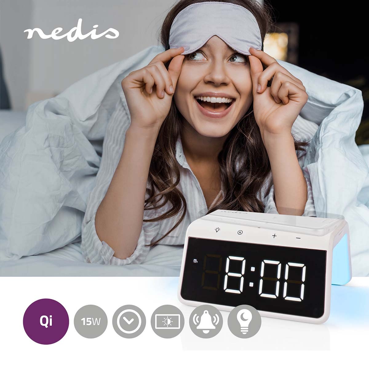 Nedis wekker met nachtlamp en draadloze Qi lader | 15W | wit - Afbeelding 8