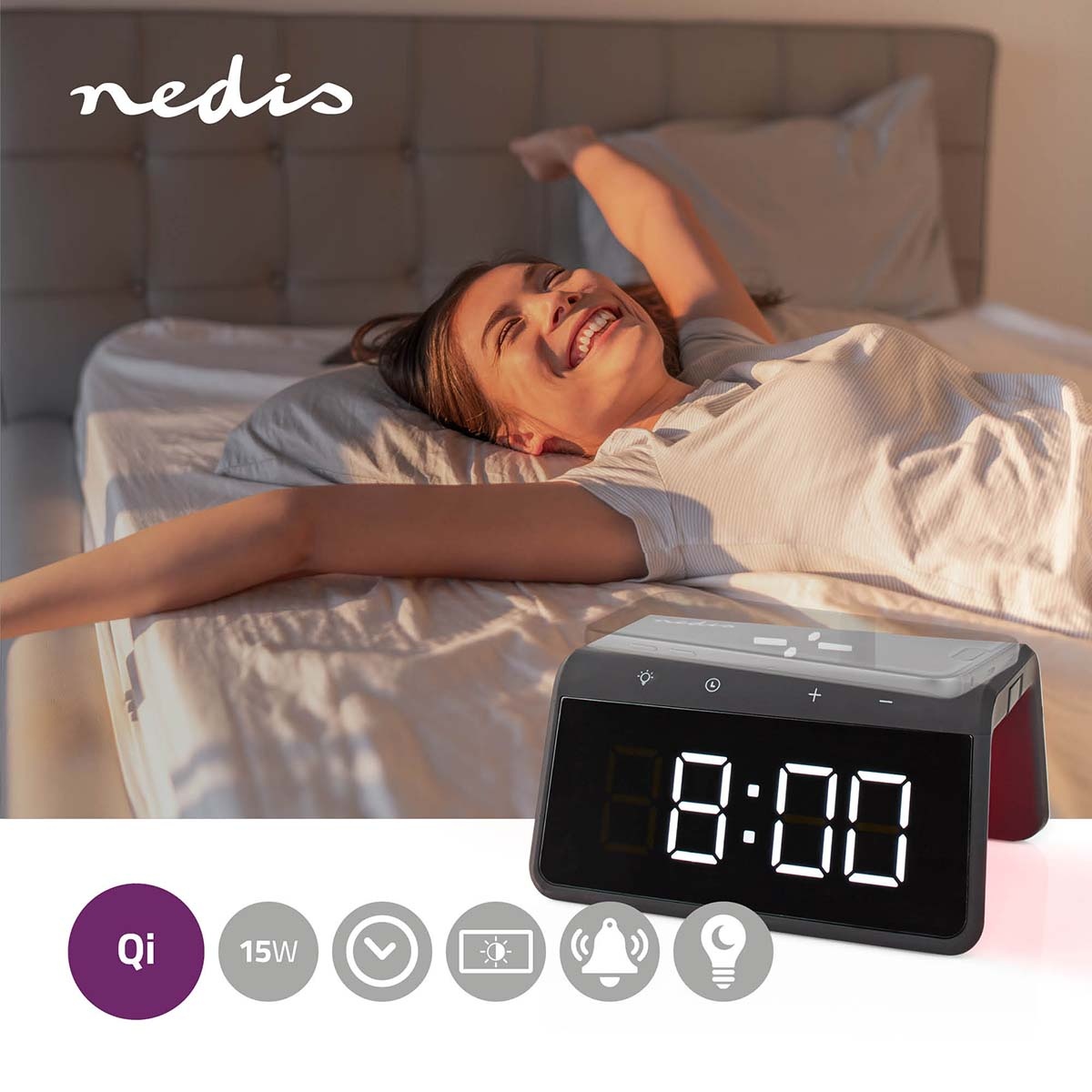 Nedis wekker met nachtlamp en draadloze Qi lader | 15W | zwart - Afbeelding 8