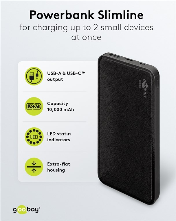 Goobay slimline powerbank | USB-A/USB-C | 10.000 mAh | zwart - Afbeelding 2