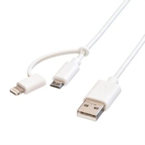 2-in-1-Kabel | USB 2.0 | USB-A Male | Apple Lightning 8-Pins / USB Micro-B Male | 480 Mbps | 1.00 m | Vernikkeld | Rond | PVC | Wit | Polybag
