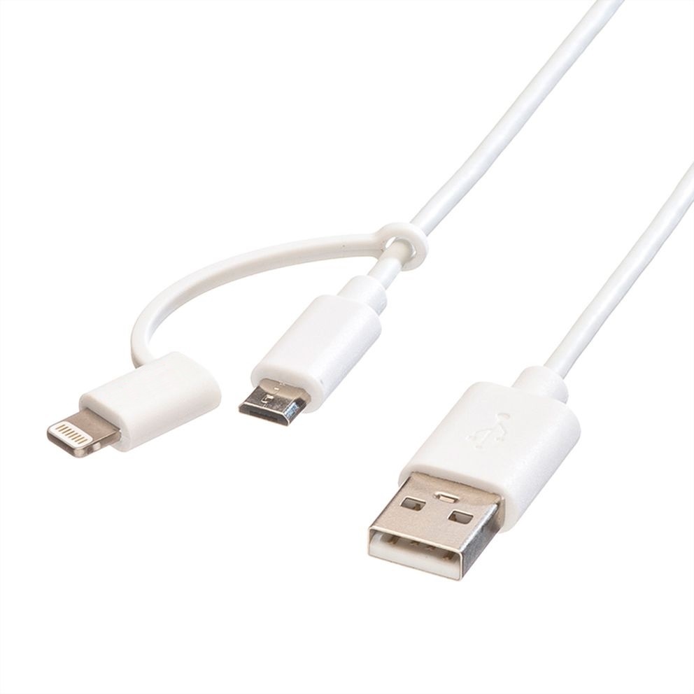 2-in-1-Kabel | USB 2.0 | USB-A Male | Apple Lightning 8-Pins / USB Micro-B Male | 480 Mbps | 1.00 m | Vernikkeld | Rond | PVC | Wit | Polybag