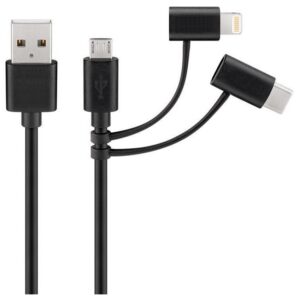 3-in-1-Kabel | USB 2.0 | USB-A Male | Apple Lightning 8-Pins / USB Micro-B Male / USB-C™ Male | 480 Mbps | 1.00 m | Vernikkeld | Rond | PVC | Zwart | Label