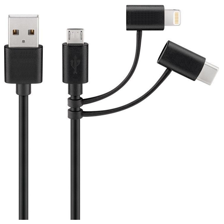 3-in-1-Kabel | USB 2.0 | USB-A Male | Apple Lightning 8-Pins / USB Micro-B Male / USB-C™ Male | 480 Mbps | 1.00 m | Vernikkeld | Rond | PVC | Zwart | Label