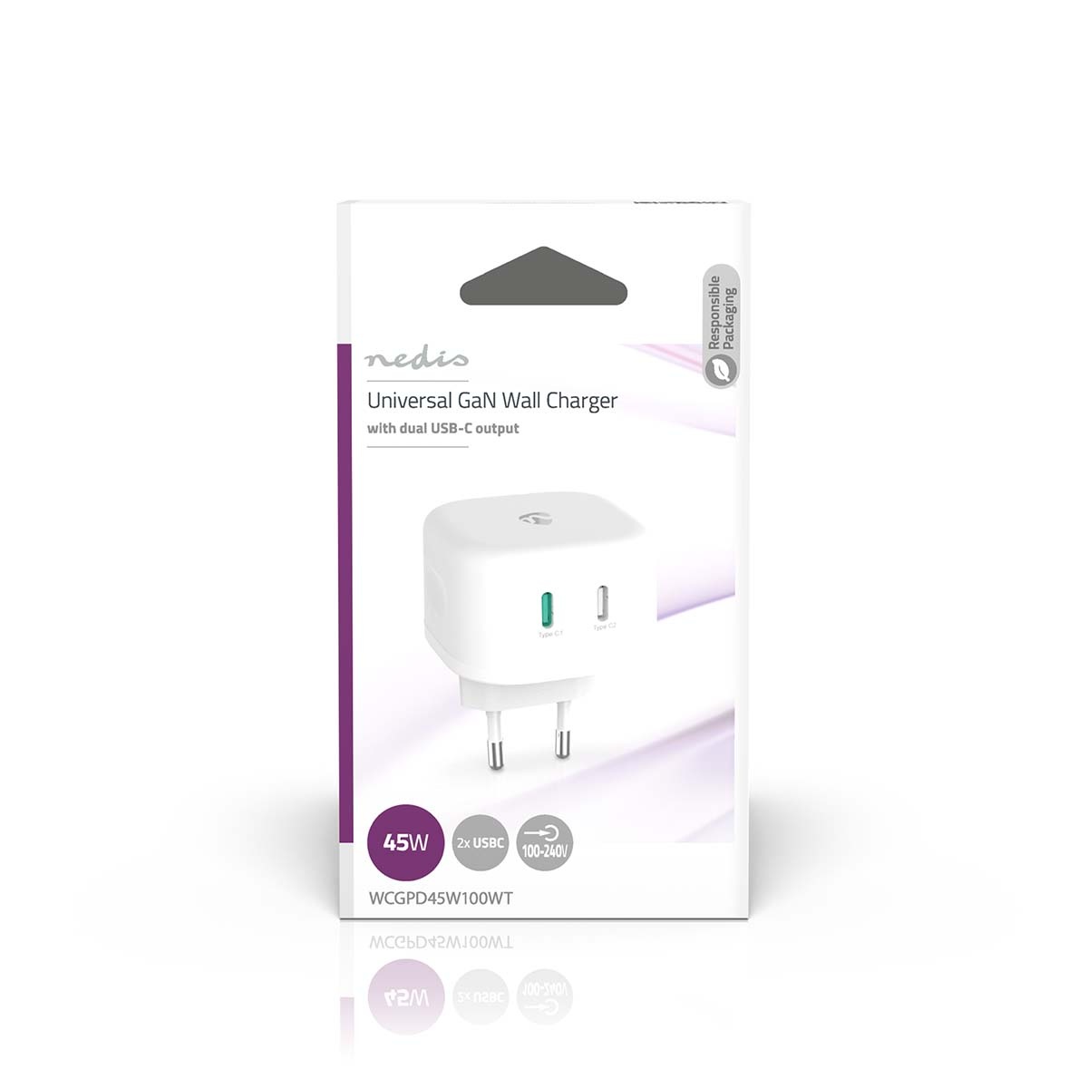 Nedis USB thuislader | 2x USB-C PD | Smart IC | GaN | 45W | wit - Afbeelding 2