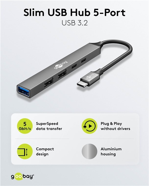 Goobay USB hub (USB-C) | 3x USB-A + 2x USB-C (1x PD 100W) | USB2.0/3.0 | aluminium | 0,10 meter - Afbeelding 2