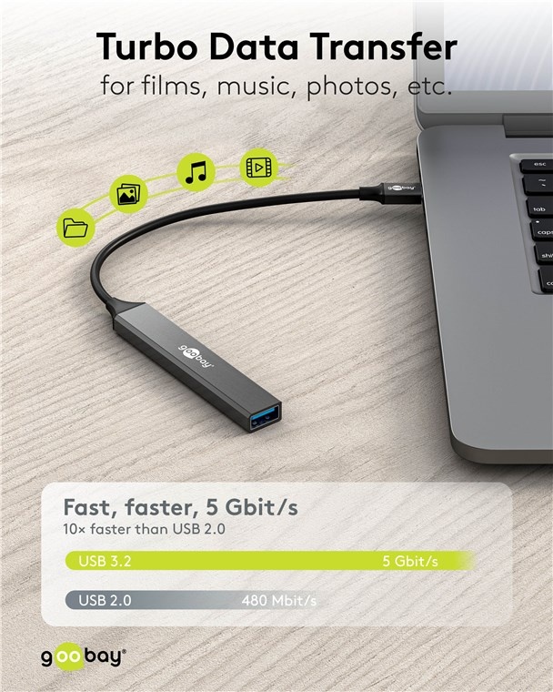 Goobay USB hub (USB-C) | 3x USB-A + 2x USB-C (1x PD 100W) | USB2.0/3.0 | aluminium | 0,10 meter - Afbeelding 5