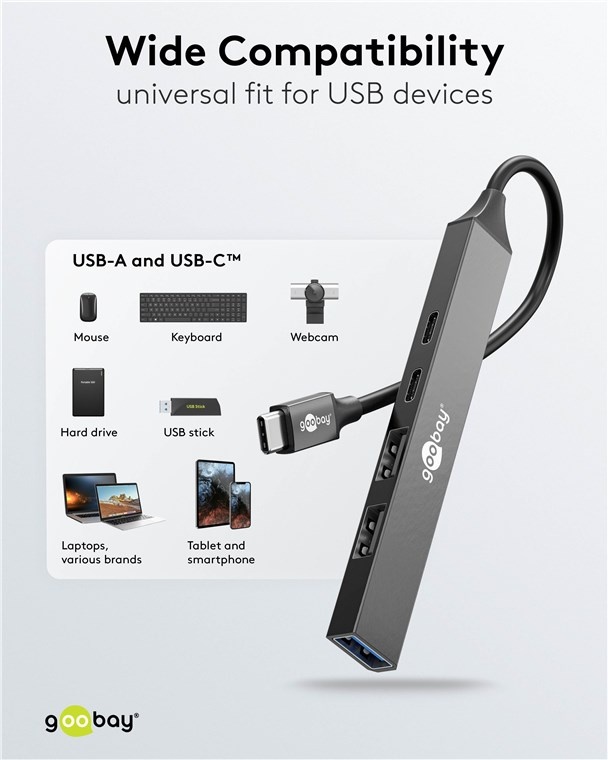 Goobay USB hub (USB-C) | 3x USB-A + 2x USB-C (1x PD 100W) | USB2.0/3.0 | aluminium | 0,10 meter - Afbeelding 6