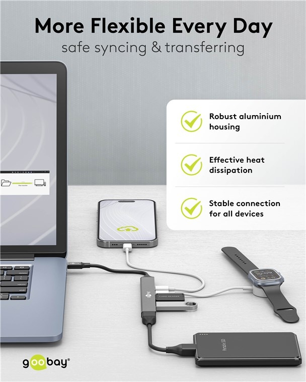 Goobay USB hub (USB-C) | 3x USB-A + 2x USB-C (1x PD 100W) | USB2.0/3.0 | aluminium | 0,10 meter - Afbeelding 7