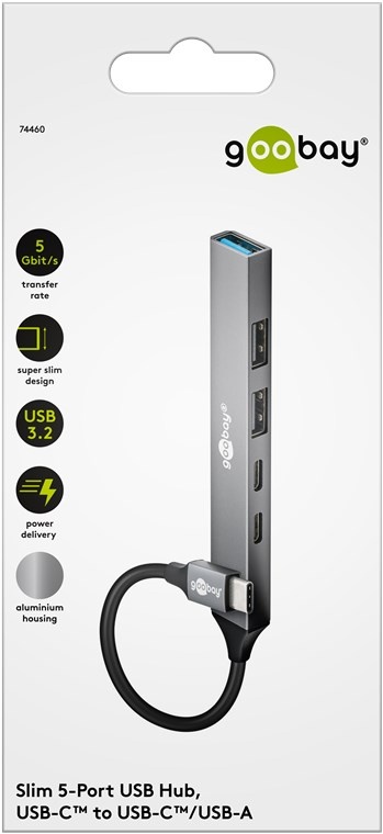 Goobay USB hub (USB-C) | 3x USB-A + 2x USB-C (1x PD 100W) | USB2.0/3.0 | aluminium | 0,10 meter - Afbeelding 9