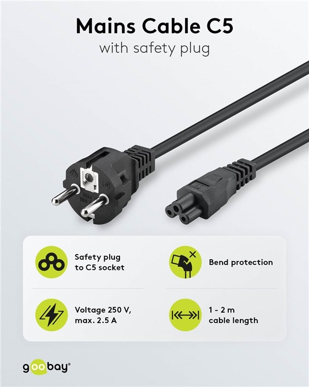 Goobay Mains Cable with Safety Plug, 1 m, black, (3*0.75 mm²) - Afbeelding 2