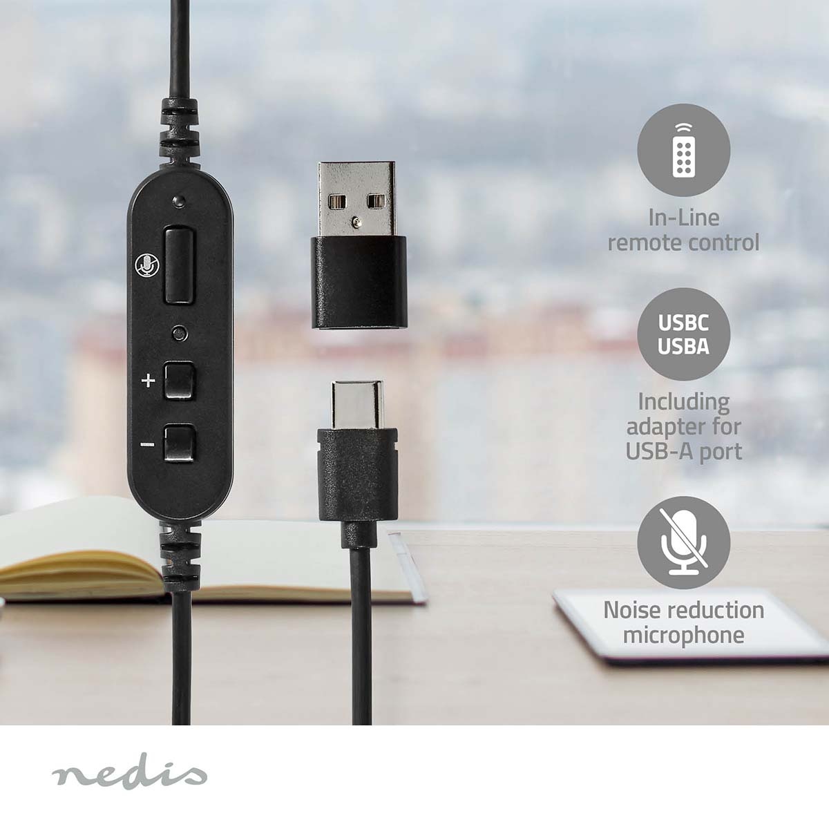 Nedis comfortabele stereo on-ear PC-headset | USB-C/USB-A | 1,8 meter - Afbeelding 5