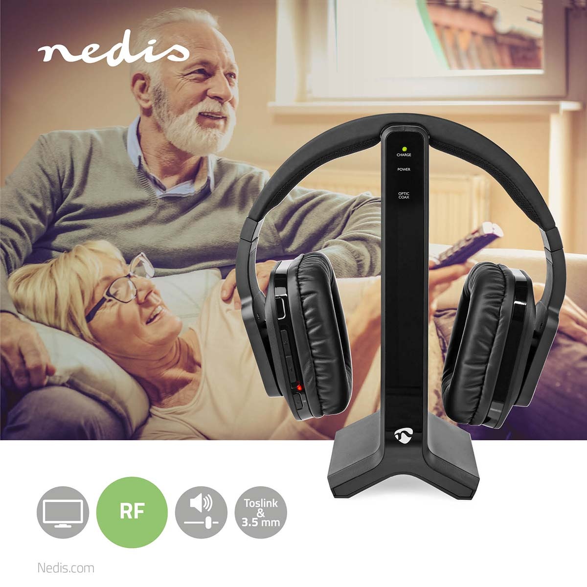 Nedis draadloze stereo over-ear RF hoofdtelefoon met oplaadstation | digitaal/analoog | zwart - Afbeelding 8