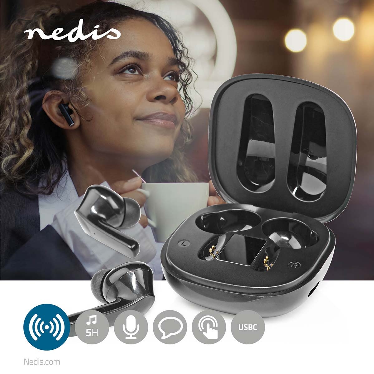 Nedis premium Bluetooth in-ear earphones met microfoon | ANC | charging case | zwart - Afbeelding 9