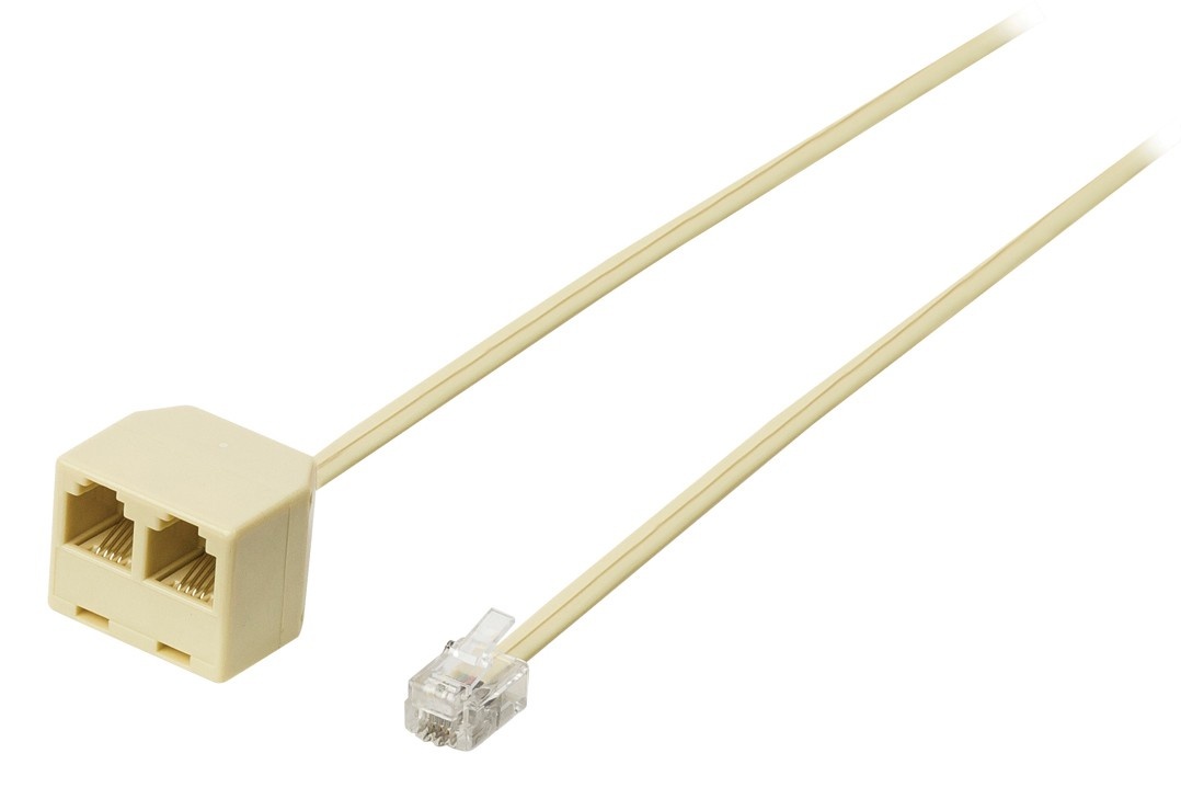 Telecomverlengkabel | RJ11 Male | 2x RJ11 (4/6) Female | 2.00 m | Kabel design: Plat | Kabeltype: RJ11 | Ivoor | Envelop