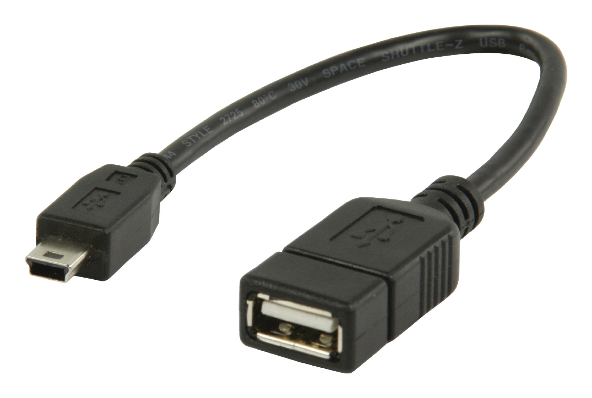 USB Mini B (m) naar USB-A (v) OTG adapter - USB2.0 - tot 2A / zwart - 0,20 meter