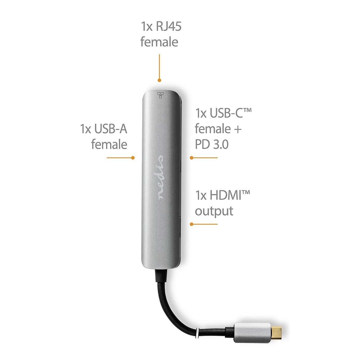 Nedis USB-C naar HDMI 4K 60Hz, USB-A, USB-C PD 100W en RJ45 adapter / grijs - 0,20 meter - Afbeelding 5