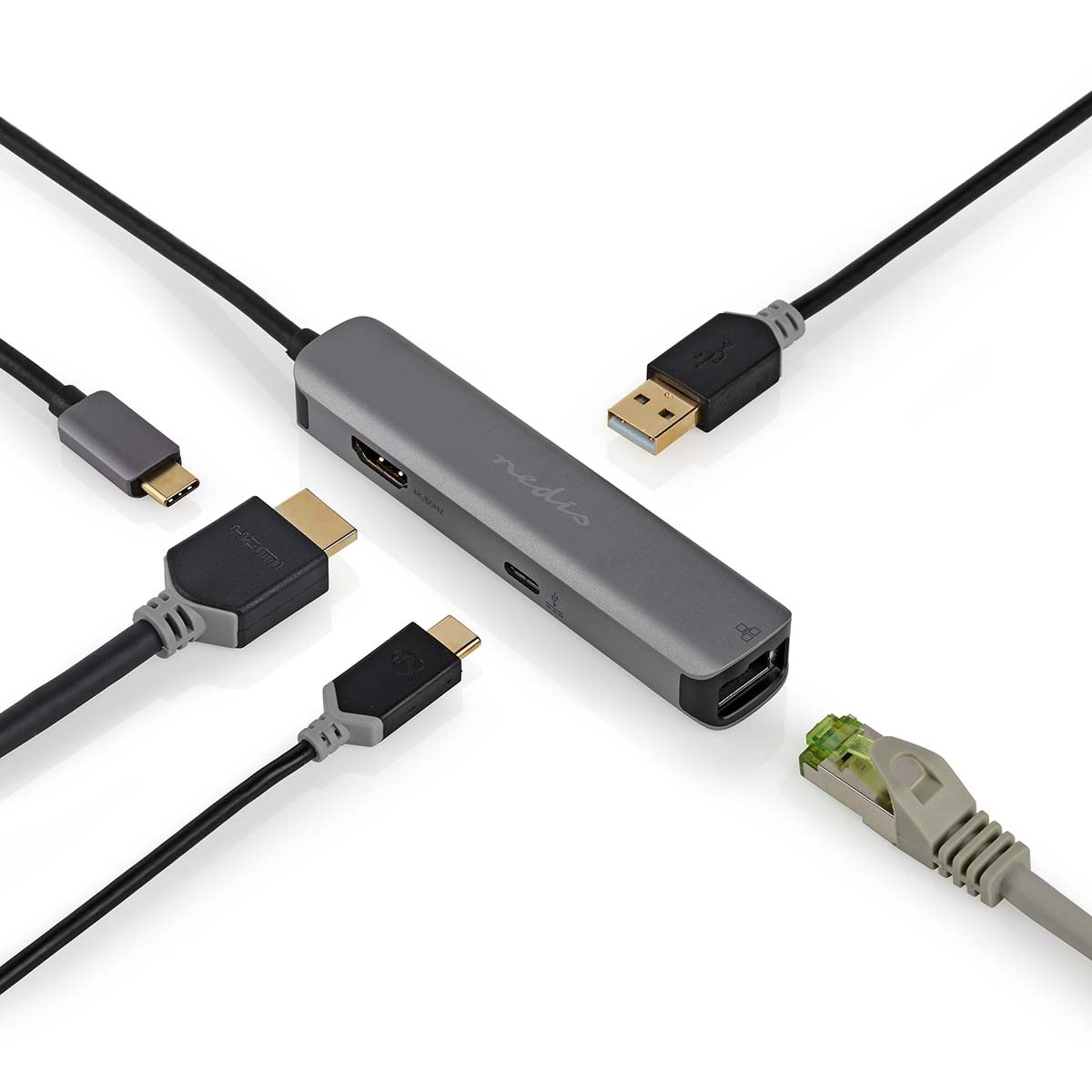 Nedis USB-C naar HDMI 4K 60Hz, USB-A, USB-C PD 100W en RJ45 adapter / grijs - 0,20 meter - Afbeelding 6