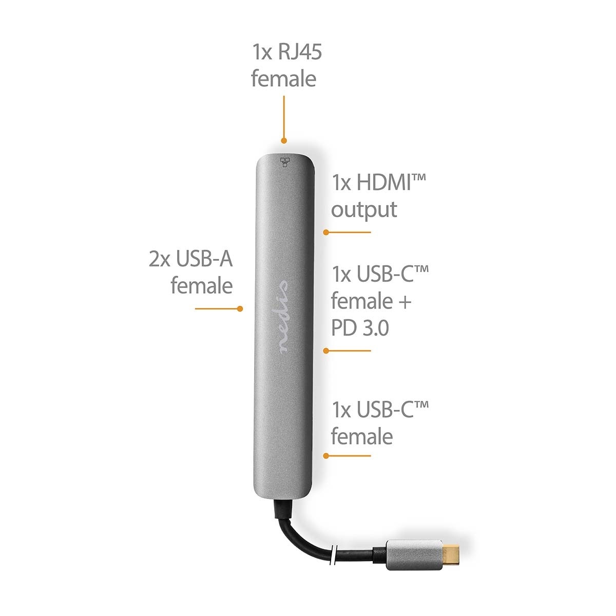 Nedis USB-C naar HDMI 4K 60Hz, USB-A, USB-C, USB-C PD 100W en RJ45 adapter / grijs - 0,20 meter - Afbeelding 5