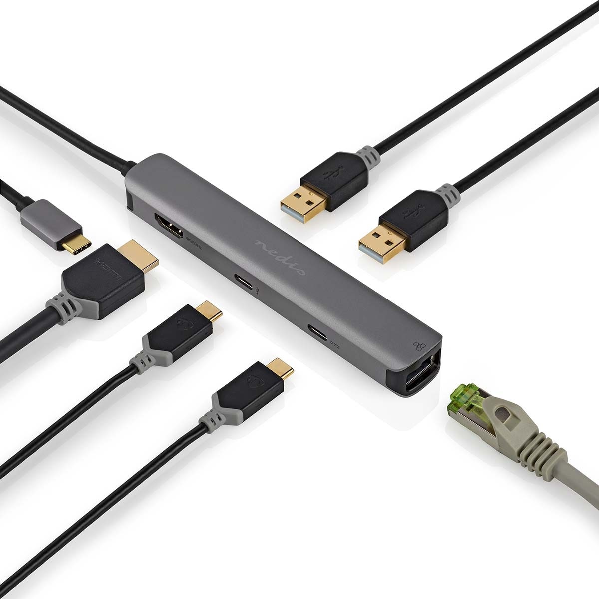 Nedis USB-C naar HDMI 4K 60Hz, USB-A, USB-C, USB-C PD 100W en RJ45 adapter / grijs - 0,20 meter - Afbeelding 6