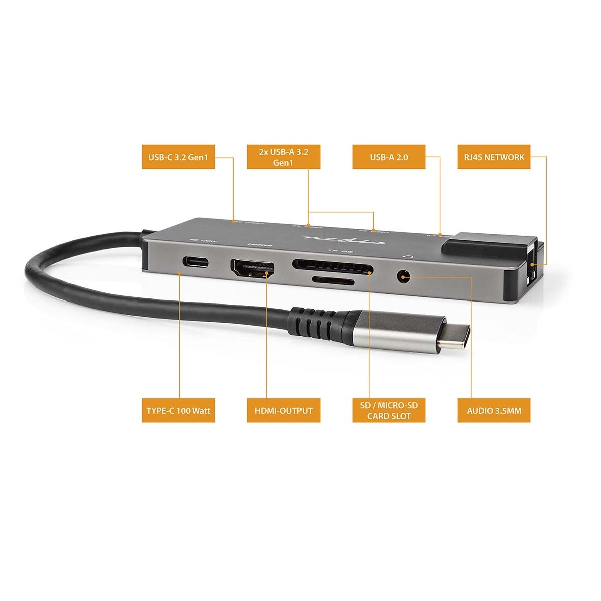 Nedis USB-C naar HDMI 4K 60Hz, USB-A/USB-C, USB-C PD 100W, RJ45, 3,5mm en (Micro) SD adapter / grijs - 0,20 meter - Afbeelding 6