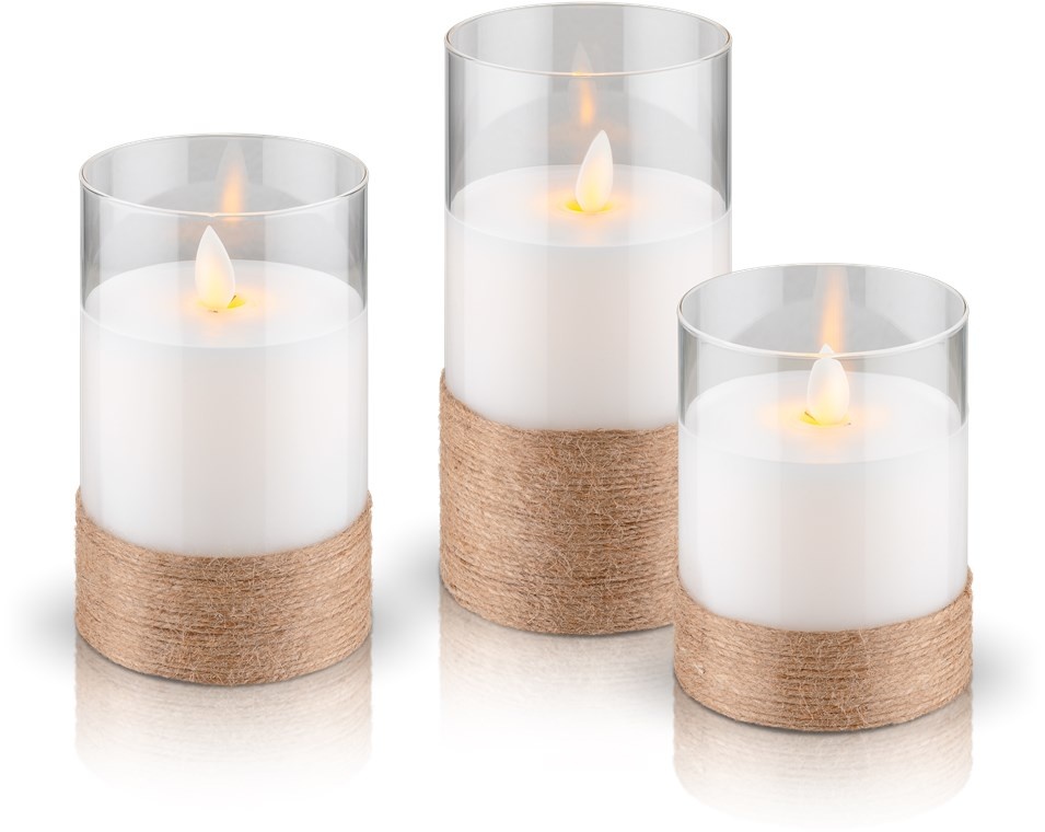 Goobay Set of 3 LED Real Wax Candles in Glass, White, Wrapped with Hemp, incl. 8x AA (LR6) - Afbeelding 4